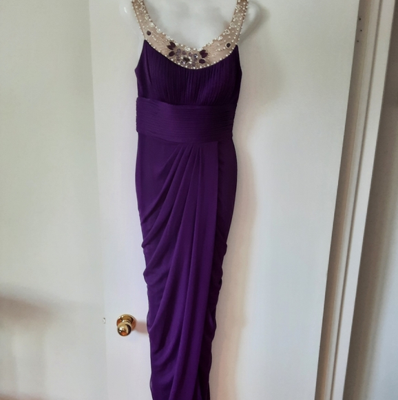 Long Purple Gown with Jeweled Mesh Neckline - Picture 2 of 9